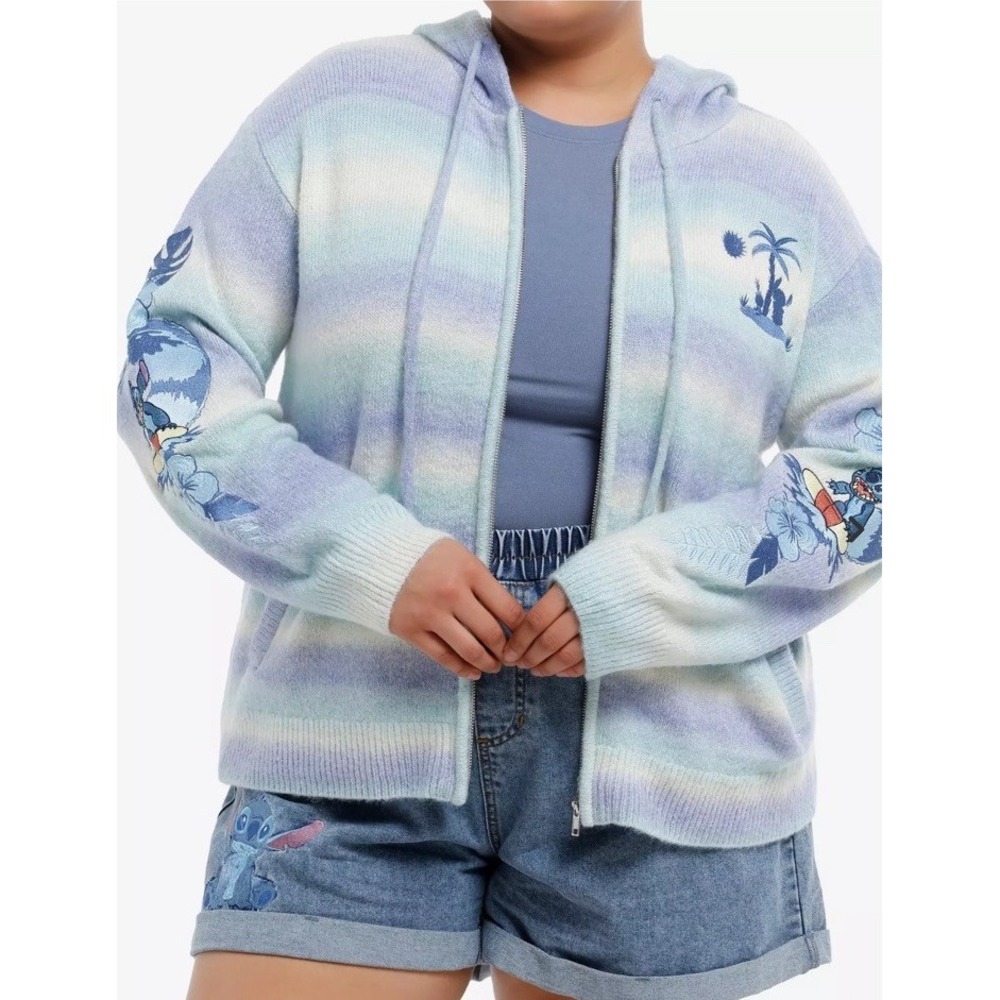 Disney Lilo & Stitch Ombre Knit Zip Hoodie XL Blue Purple Embroidered Surfing